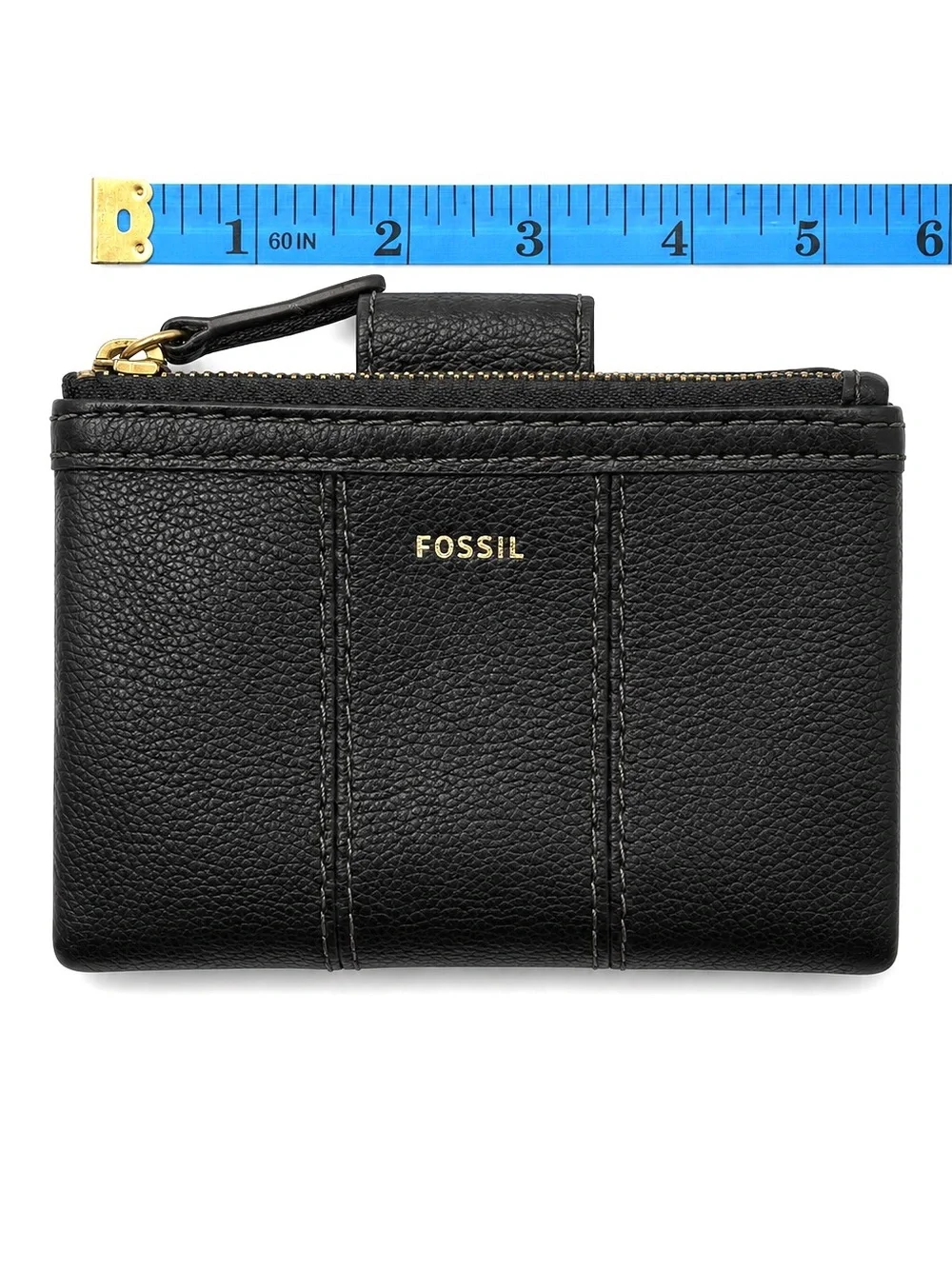 Fossil Ella Black Pebbled Leather Bifold Wallet Zip Coin Pocket Compact Clutch